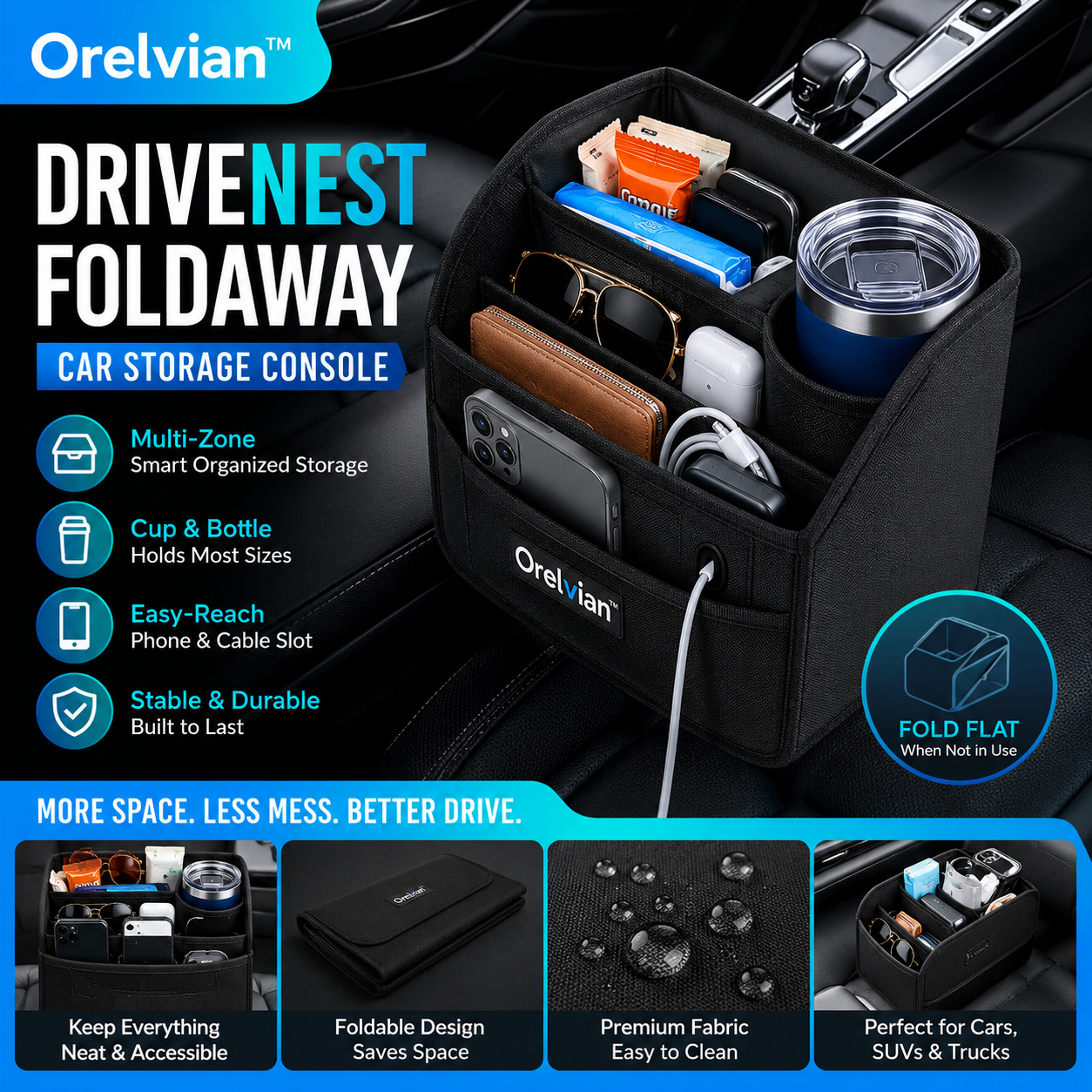 Orelvian™ DriveNest FoldAway Car Storage Console